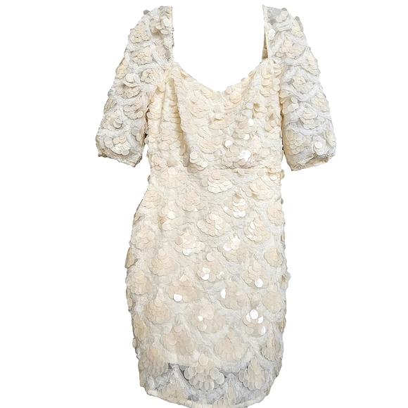 Nwt Fanco Off Shoulder Creme Lace Mesh Sequin Short Sleeve Square Neck  Dress - Picture 16 of 17
